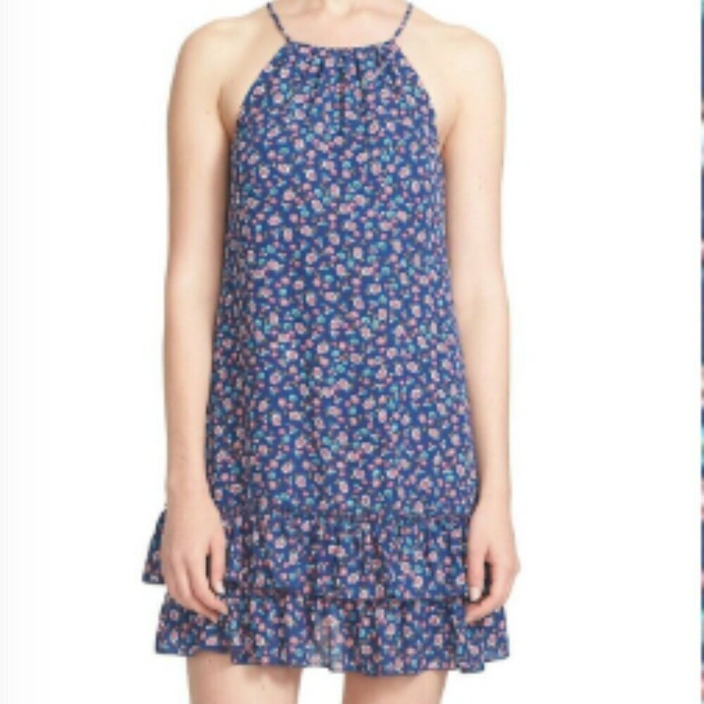 CeCe Flower Fall Navy Blue Ruffle Hem Mini Floral Shift Dress
